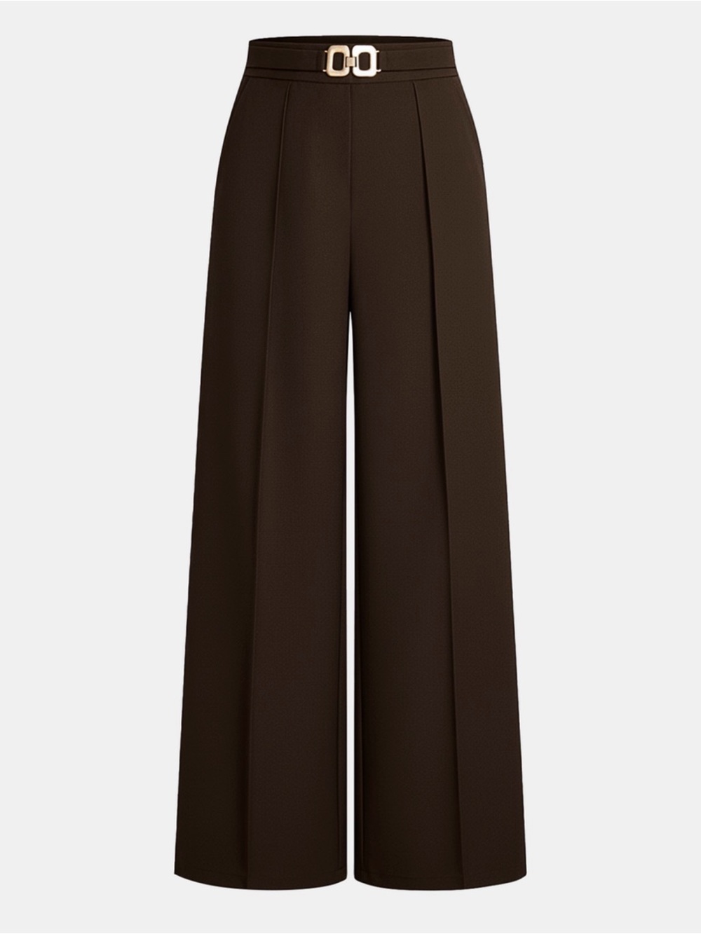 Commense Wide-Leg High-Waist Pants in Dark Brown with Gold Buckle